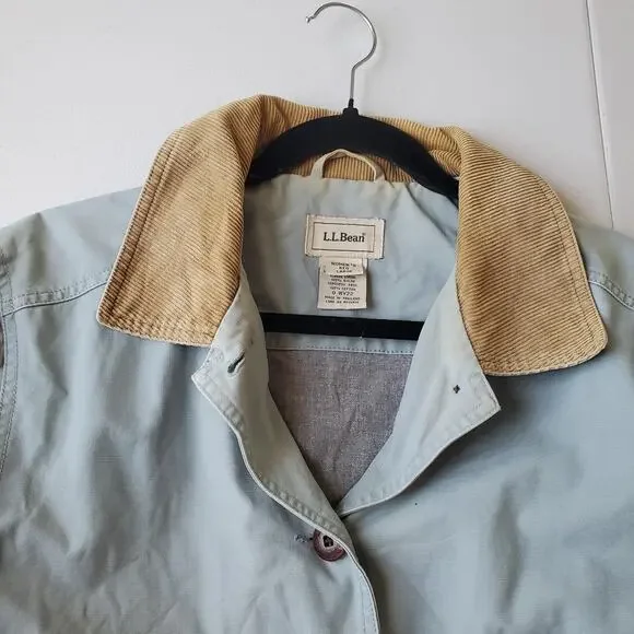 LL Bean Coat Womens Large Blue Canvas Barn Corduroy Collar Lined Jacket Pockets - Picture 2 of 14